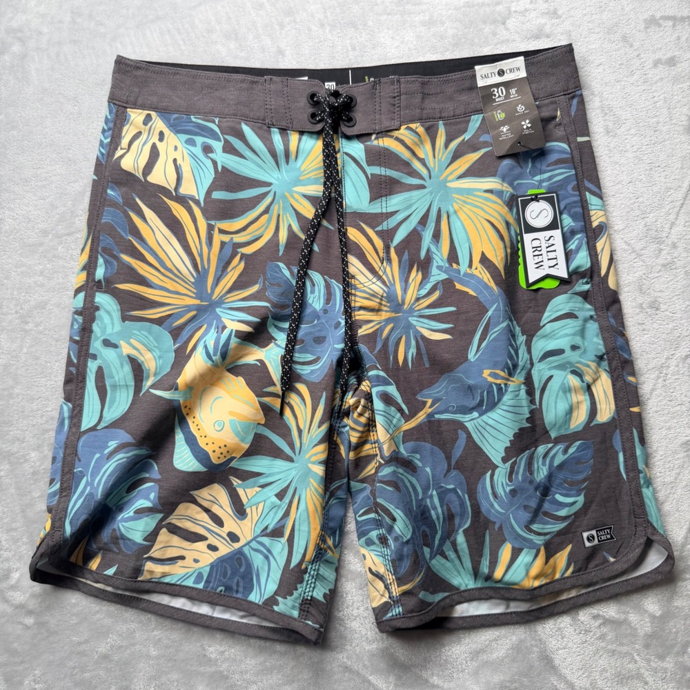Salty Crew Breaker Boardshort Black Floral Tropical Fish Swim Trunks Mens 30